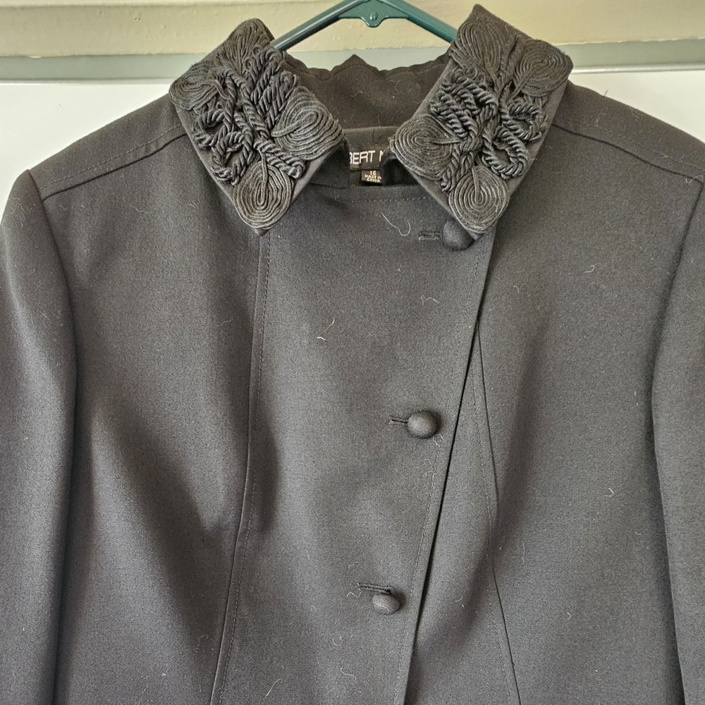 Vintage Albert Nipon 100% Wool Black Asymmetrical Blazer Jacket Braided Collar - Picture 2 of 8